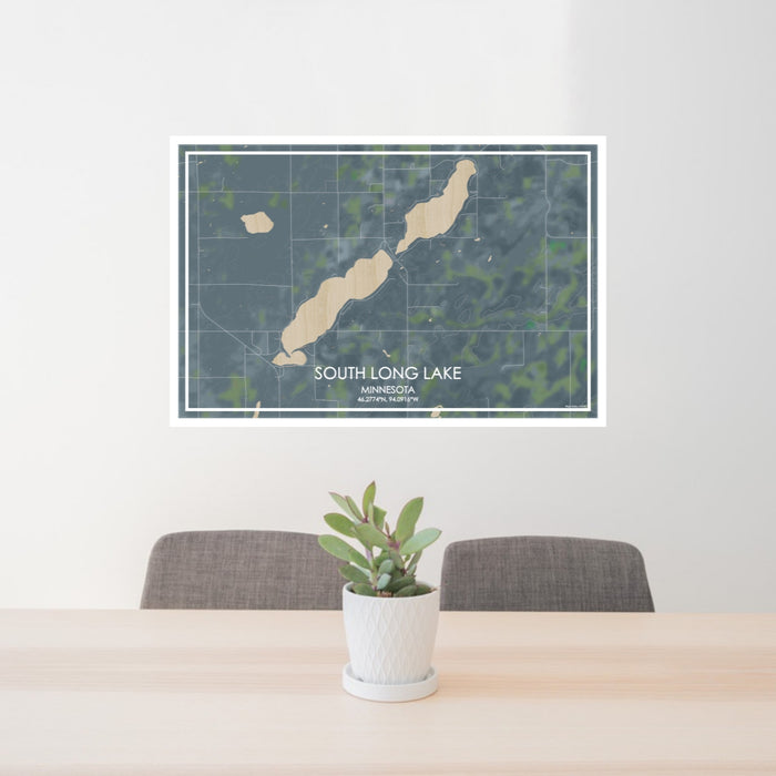 24x36 South Long Lake Minnesota Map Print Lanscape Orientation in Afternoon Style Behind 2 Chairs Table and Potted Plant
