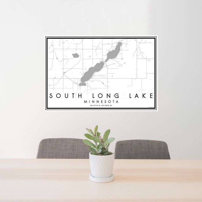 24x36 South Long Lake Minnesota Map Print Lanscape Orientation in Classic Style Behind 2 Chairs Table and Potted Plant