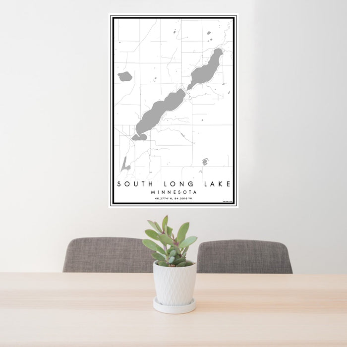 24x36 South Long Lake Minnesota Map Print Portrait Orientation in Classic Style Behind 2 Chairs Table and Potted Plant