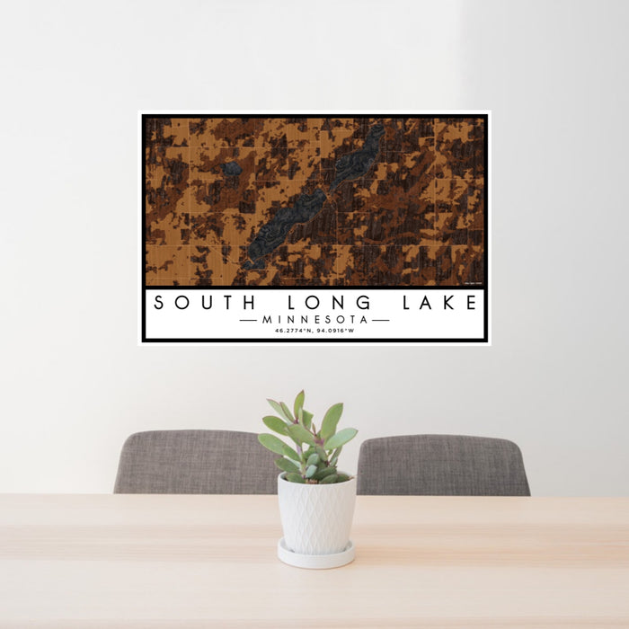 24x36 South Long Lake Minnesota Map Print Lanscape Orientation in Ember Style Behind 2 Chairs Table and Potted Plant