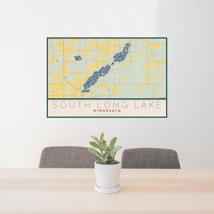 24x36 South Long Lake Minnesota Map Print Lanscape Orientation in Woodblock Style Behind 2 Chairs Table and Potted Plant