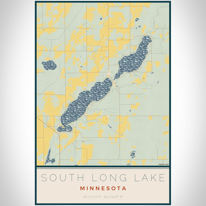 South Long Lake Minnesota Map Print Portrait Orientation in Woodblock Style With Shaded Background
