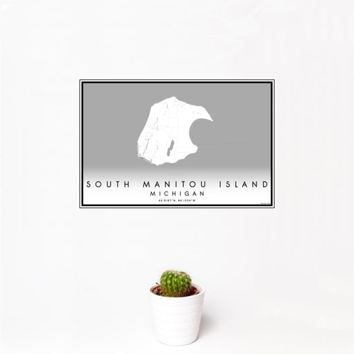 12x18 South Manitou Island Michigan Map Print Landscape Orientation in Classic Style With Small Cactus Plant in White Planter