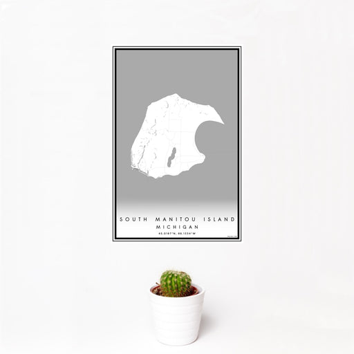 12x18 South Manitou Island Michigan Map Print Portrait Orientation in Classic Style With Small Cactus Plant in White Planter