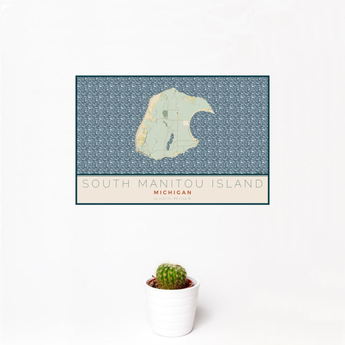 12x18 South Manitou Island Michigan Map Print Landscape Orientation in Woodblock Style With Small Cactus Plant in White Planter
