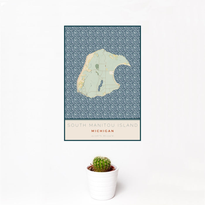 12x18 South Manitou Island Michigan Map Print Portrait Orientation in Woodblock Style With Small Cactus Plant in White Planter