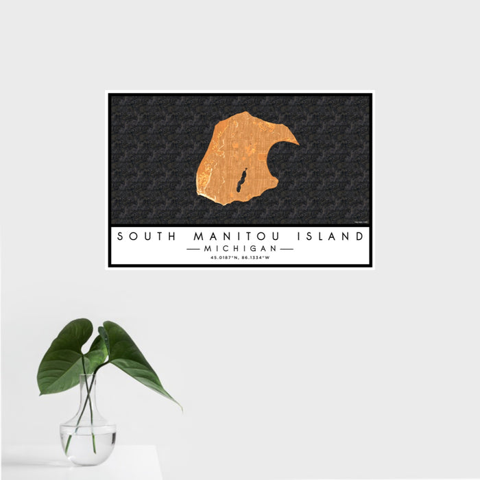 16x24 South Manitou Island Michigan Map Print Landscape Orientation in Ember Style With Tropical Plant Leaves in Water