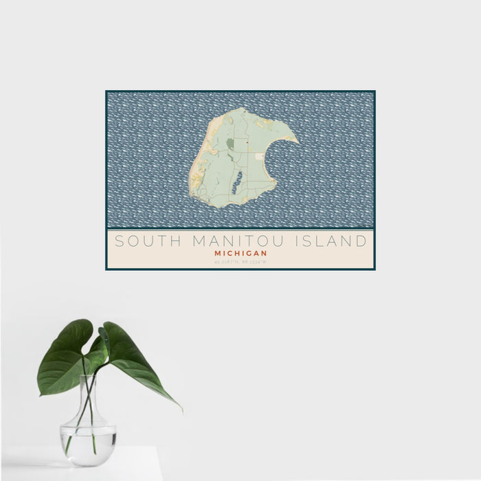 16x24 South Manitou Island Michigan Map Print Landscape Orientation in Woodblock Style With Tropical Plant Leaves in Water