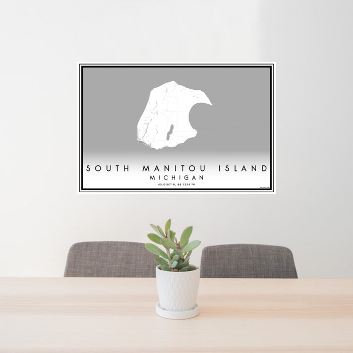 24x36 South Manitou Island Michigan Map Print Lanscape Orientation in Classic Style Behind 2 Chairs Table and Potted Plant