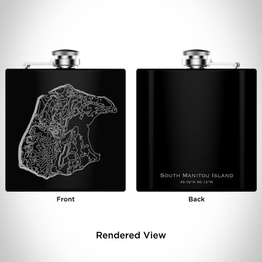 Rendered View of South Manitou Island Michigan Map Engraving on 6oz Stainless Steel Flask in Black