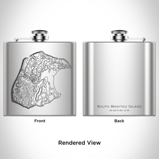 Rendered View of South Manitou Island Michigan Map Engraving on 6oz Stainless Steel Flask