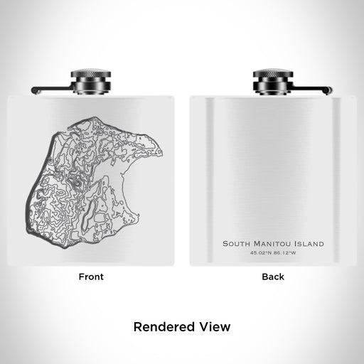Rendered View of South Manitou Island Michigan Map Engraving on 6oz Stainless Steel Flask in White