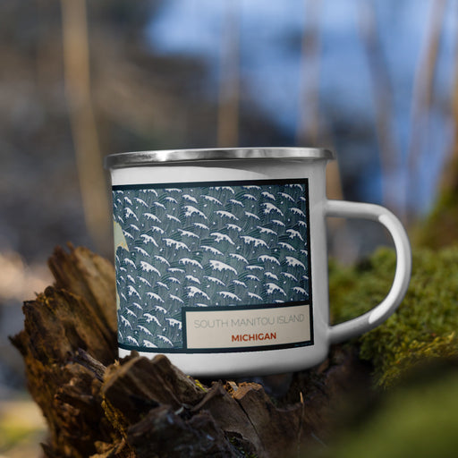 Right View Custom South Manitou Island Michigan Map Enamel Mug in Woodblock on Grass With Trees in Background