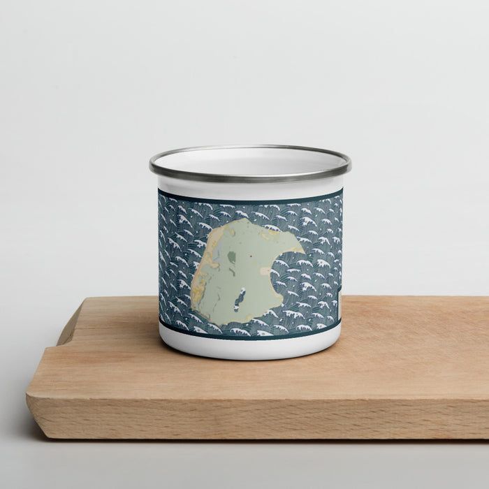 Front View Custom South Manitou Island Michigan Map Enamel Mug in Woodblock on Cutting Board