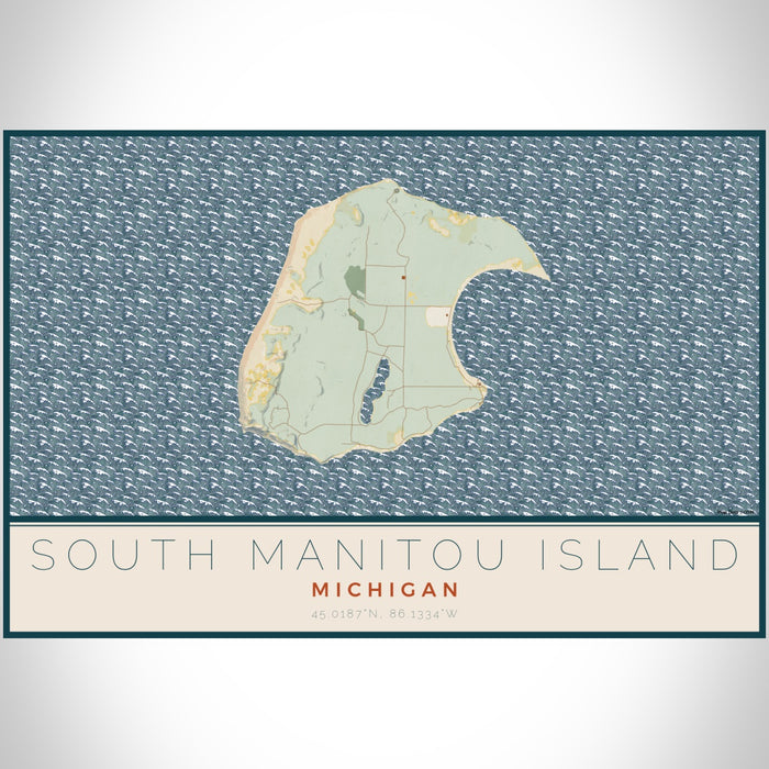 South Manitou Island Michigan Map Print Landscape Orientation in Woodblock Style With Shaded Background