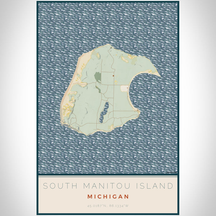 South Manitou Island Michigan Map Print Portrait Orientation in Woodblock Style With Shaded Background