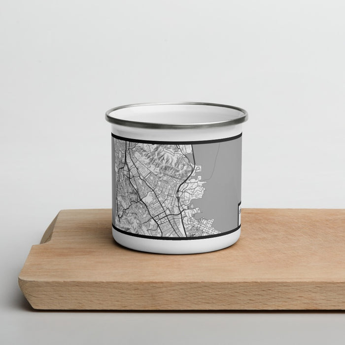 Front View Custom South San Francisco California Map Enamel Mug in Classic on Cutting Board