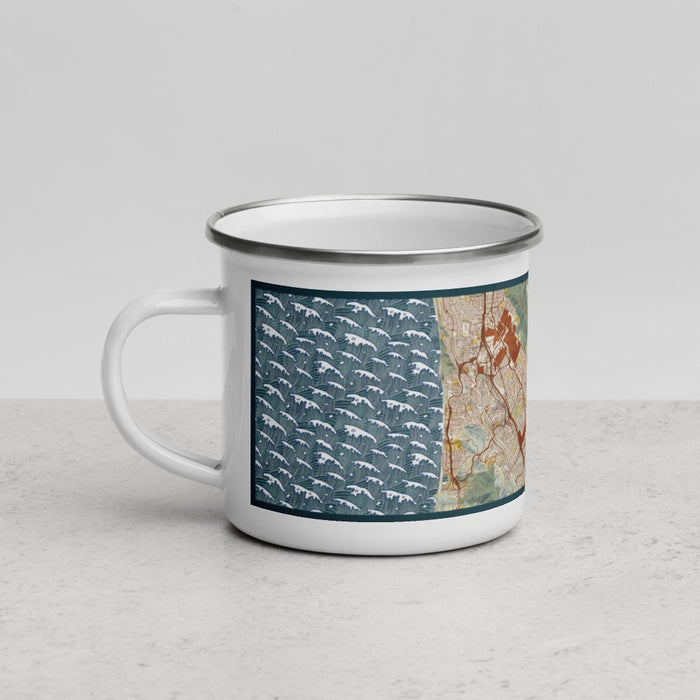 Left View Custom South San Francisco California Map Enamel Mug in Woodblock