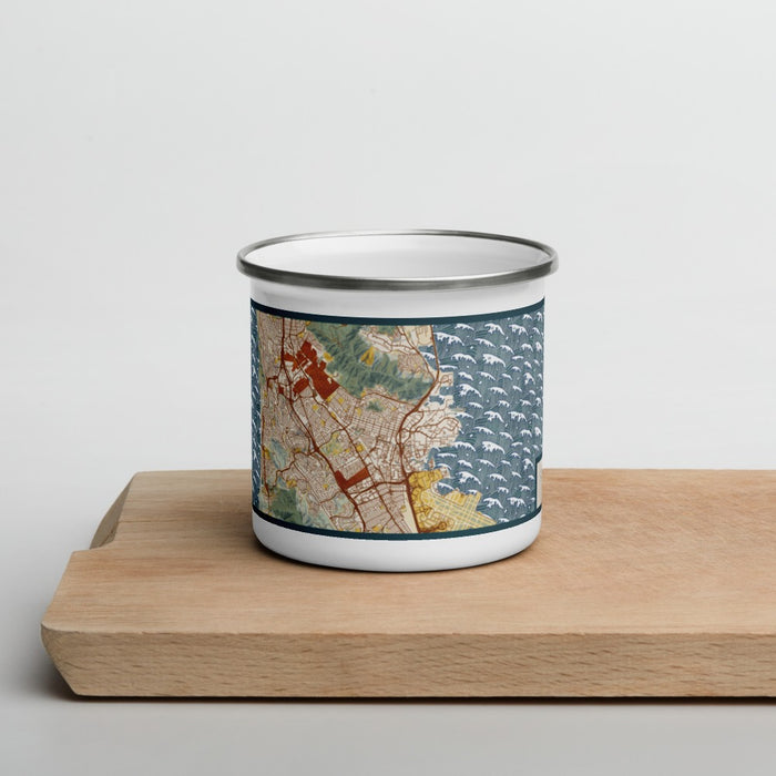 Front View Custom South San Francisco California Map Enamel Mug in Woodblock on Cutting Board