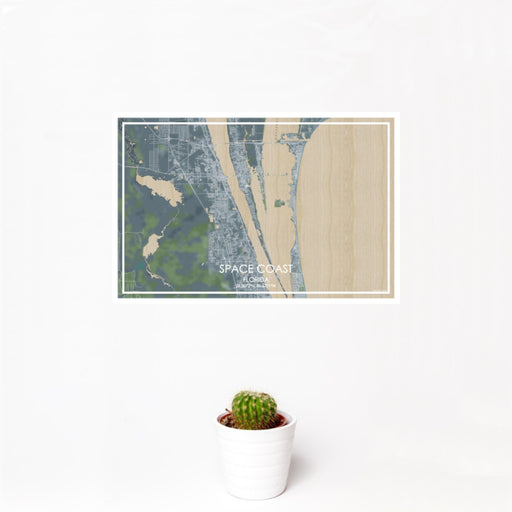 12x18 Space Coast Florida Map Print Landscape Orientation in Afternoon Style With Small Cactus Plant in White Planter