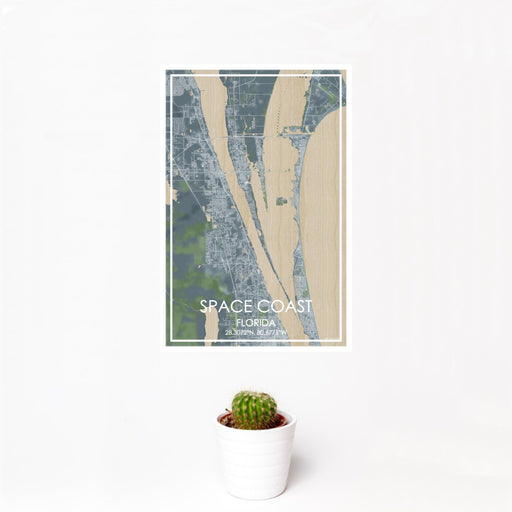 12x18 Space Coast Florida Map Print Portrait Orientation in Afternoon Style With Small Cactus Plant in White Planter