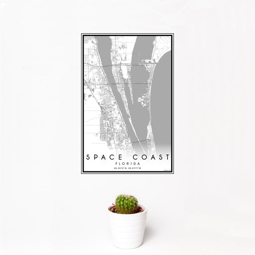 12x18 Space Coast Florida Map Print Portrait Orientation in Classic Style With Small Cactus Plant in White Planter