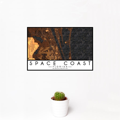 12x18 Space Coast Florida Map Print Landscape Orientation in Ember Style With Small Cactus Plant in White Planter