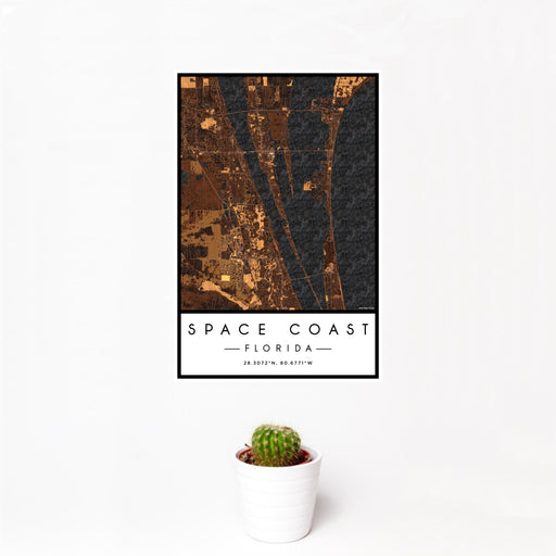 12x18 Space Coast Florida Map Print Portrait Orientation in Ember Style With Small Cactus Plant in White Planter