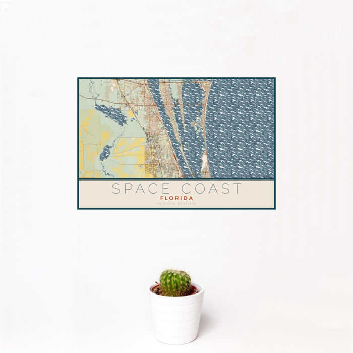 12x18 Space Coast Florida Map Print Landscape Orientation in Woodblock Style With Small Cactus Plant in White Planter