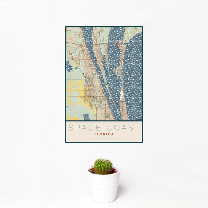 12x18 Space Coast Florida Map Print Portrait Orientation in Woodblock Style With Small Cactus Plant in White Planter