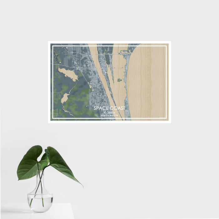 16x24 Space Coast Florida Map Print Landscape Orientation in Afternoon Style With Tropical Plant Leaves in Water