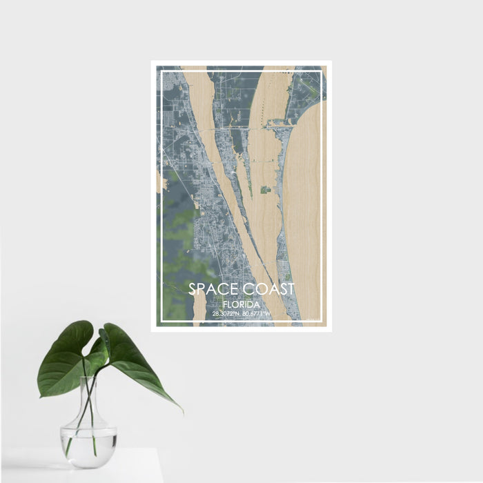 16x24 Space Coast Florida Map Print Portrait Orientation in Afternoon Style With Tropical Plant Leaves in Water