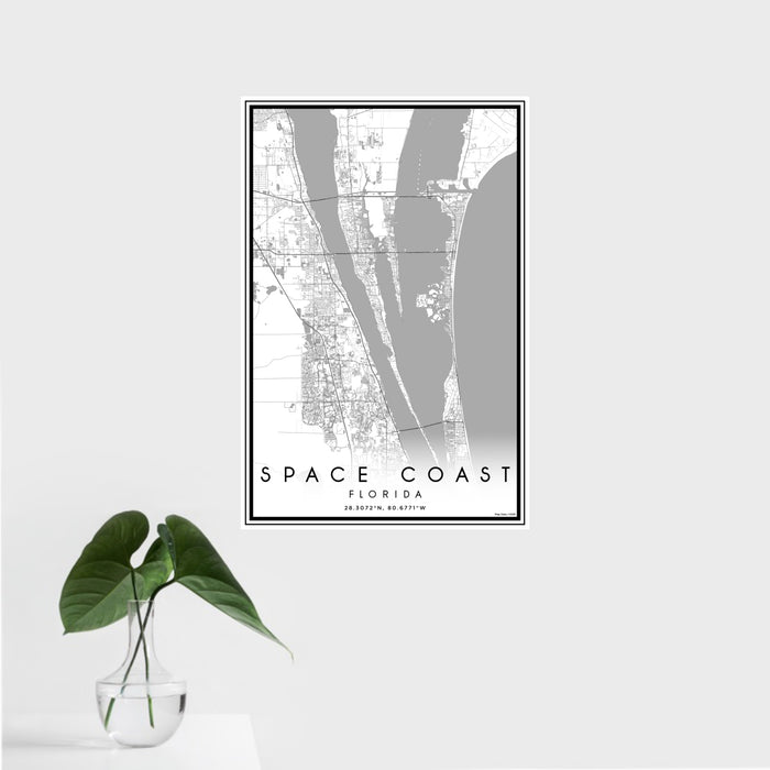 16x24 Space Coast Florida Map Print Portrait Orientation in Classic Style With Tropical Plant Leaves in Water