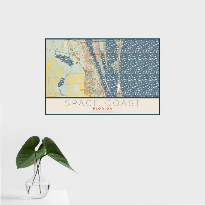 16x24 Space Coast Florida Map Print Landscape Orientation in Woodblock Style With Tropical Plant Leaves in Water