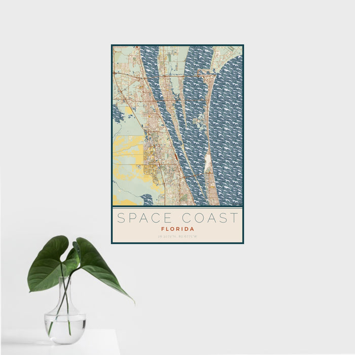 16x24 Space Coast Florida Map Print Portrait Orientation in Woodblock Style With Tropical Plant Leaves in Water