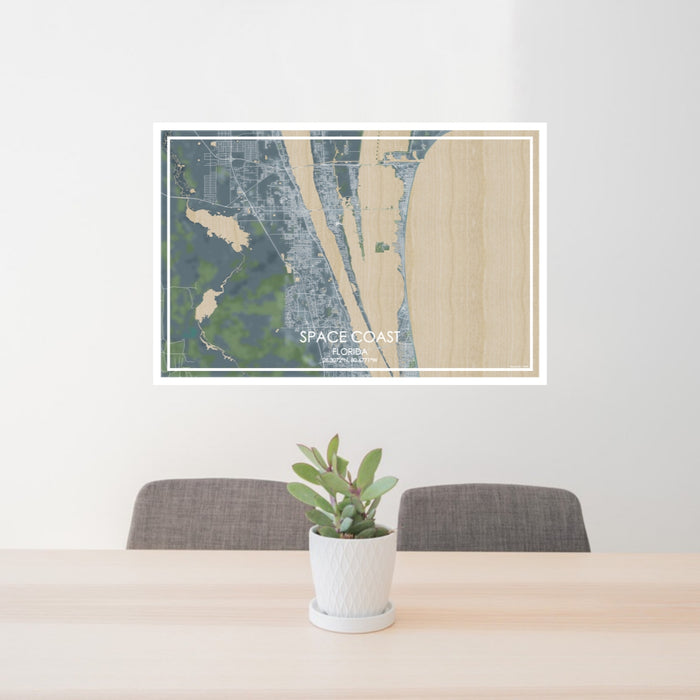 24x36 Space Coast Florida Map Print Lanscape Orientation in Afternoon Style Behind 2 Chairs Table and Potted Plant