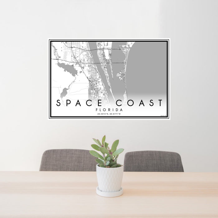 24x36 Space Coast Florida Map Print Lanscape Orientation in Classic Style Behind 2 Chairs Table and Potted Plant