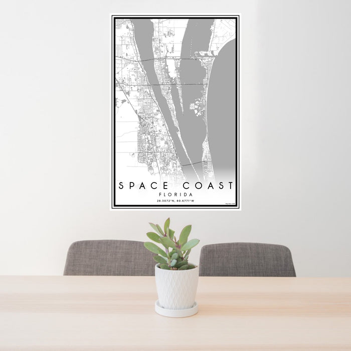 24x36 Space Coast Florida Map Print Portrait Orientation in Classic Style Behind 2 Chairs Table and Potted Plant