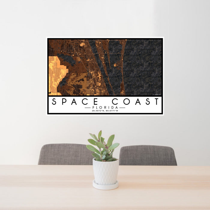 24x36 Space Coast Florida Map Print Lanscape Orientation in Ember Style Behind 2 Chairs Table and Potted Plant