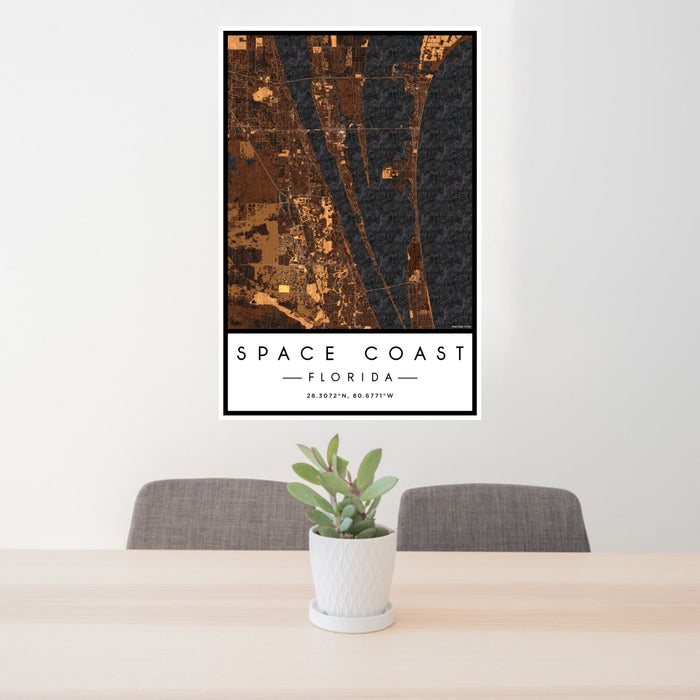 24x36 Space Coast Florida Map Print Portrait Orientation in Ember Style Behind 2 Chairs Table and Potted Plant