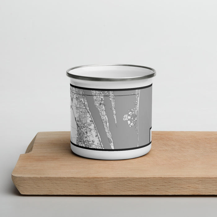 Front View Custom Space Coast Florida Map Enamel Mug in Classic on Cutting Board