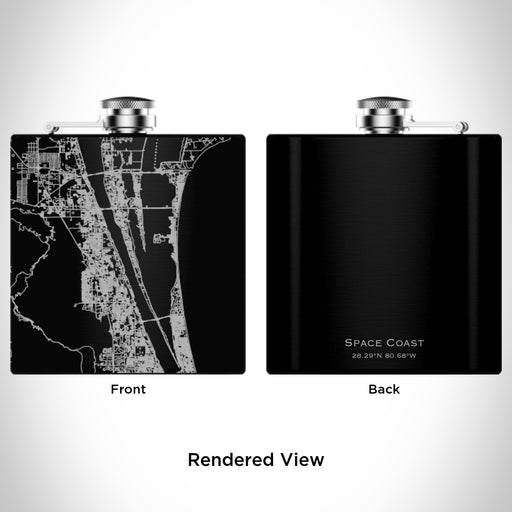 Rendered View of Space Coast Florida Map Engraving on 6oz Stainless Steel Flask in Black