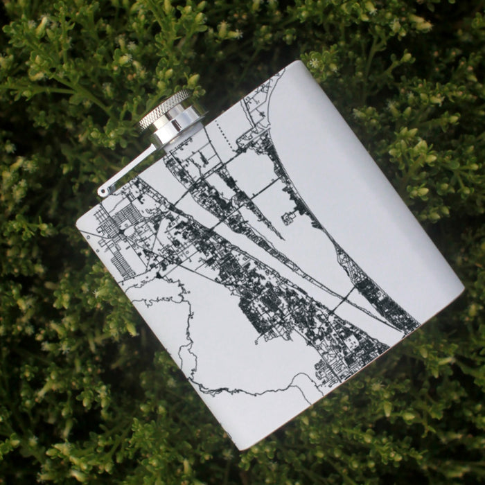 Space Coast Florida Custom Engraved City Map Inscription Coordinates on 6oz Stainless Steel Flask in White