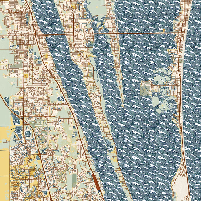 Space Coast Florida Map Print in Woodblock Style Zoomed In Close Up Showing Details