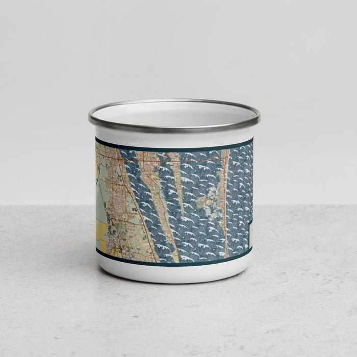 Front View Custom Space Coast Florida Map Enamel Mug in Woodblock