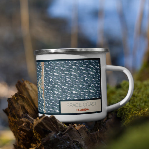 Right View Custom Space Coast Florida Map Enamel Mug in Woodblock on Grass With Trees in Background