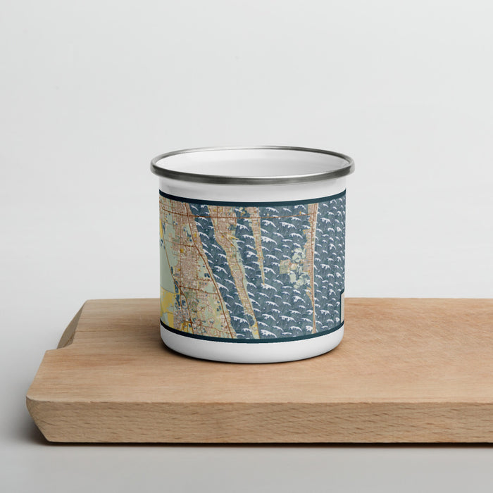 Front View Custom Space Coast Florida Map Enamel Mug in Woodblock on Cutting Board