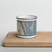 Front View Custom Space Coast Florida Map Enamel Mug in Woodblock on Cutting Board
