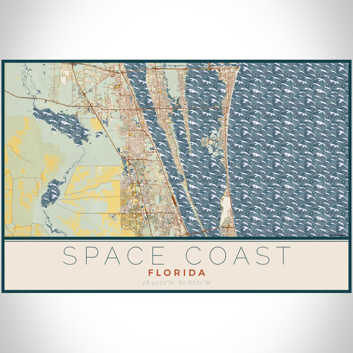 Space Coast Florida Map Print Landscape Orientation in Woodblock Style With Shaded Background