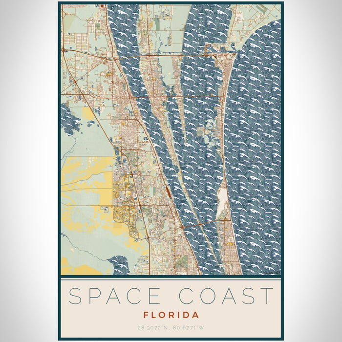 Space Coast Florida Map Print Portrait Orientation in Woodblock Style With Shaded Background